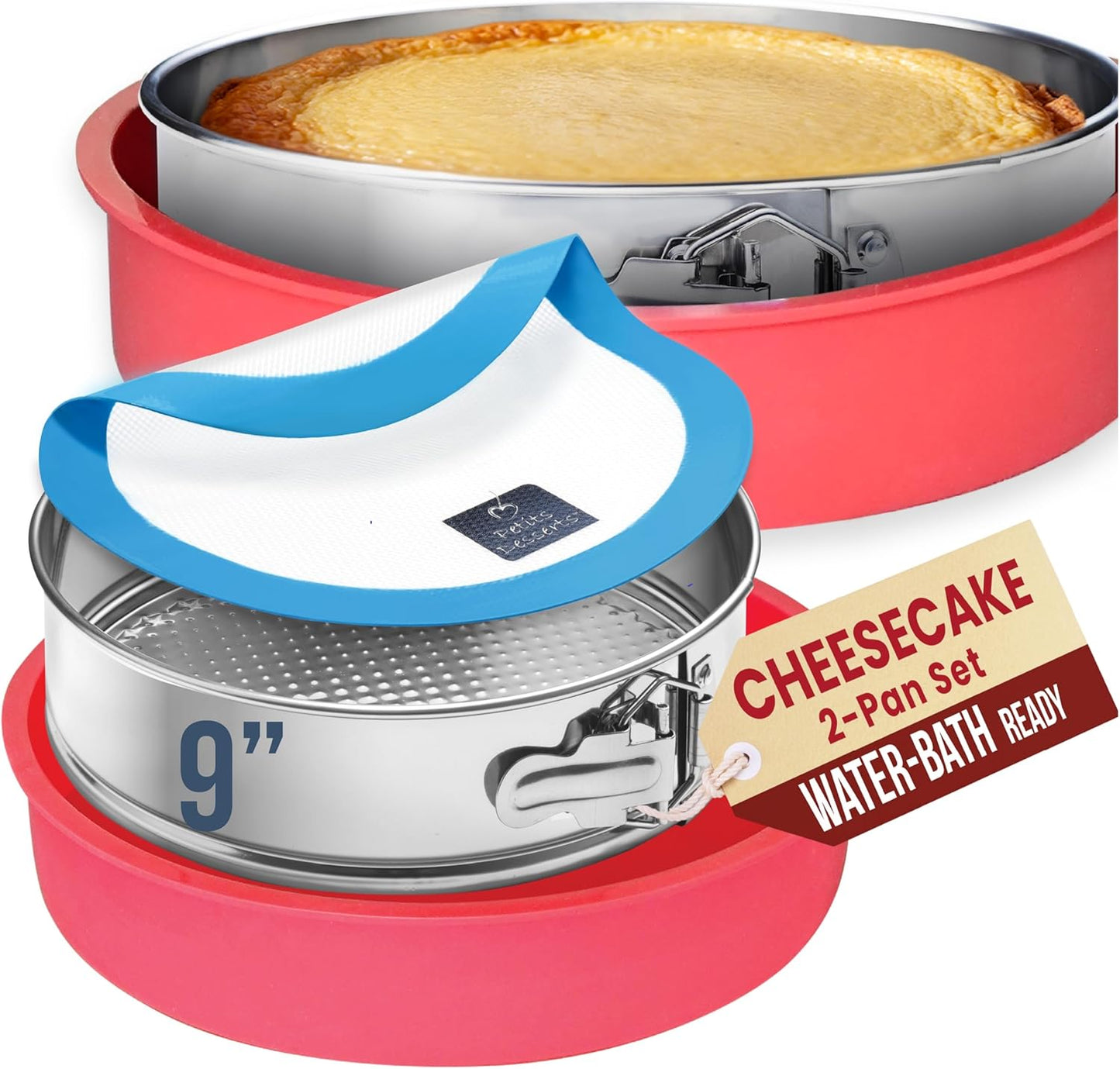 Cheese Cake Pans for Baking - NON TOXIC 9 Inch Spring Form Pan for Cheesecake with LEAKPROOF SILICONE PROTECTOR - STAINLESS STEEL 9 Inch Springform Pan for Cheesecake WATER BATH - HomeSpice