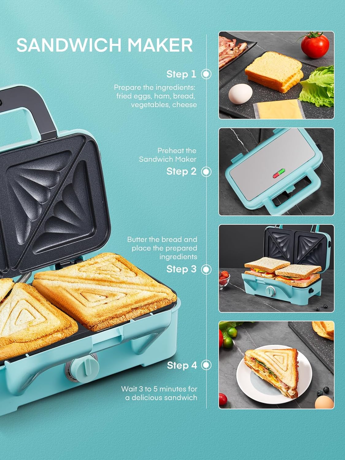 FOHERE Waffle Maker 3 in 1 Sandwich Maker 1200W Panini Press With Removable Plates and 5-gear Temperature Control, Non-stick Coating Easy to Clean,Indicator Lights, Blue