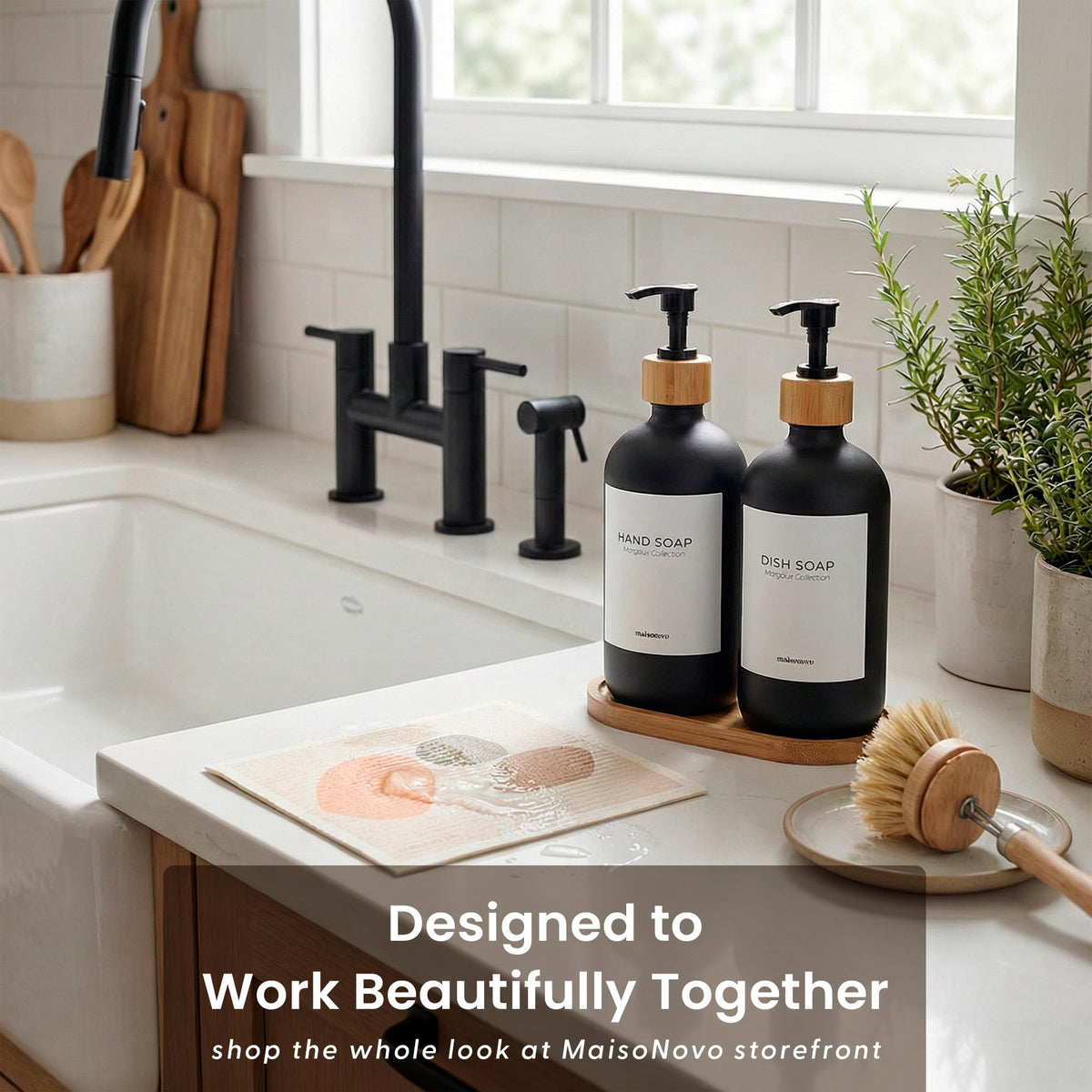 Glass Dish Soap Dispenser for Kitchen Set of 2 (Black Bottles/Black Bamboo Pumps)