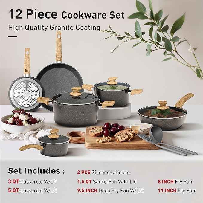 DishDelight Induction Pots and Pans Set, 12 Piece Nonstick Cookware, Granite Cooking Set with Frying Pans, Gray