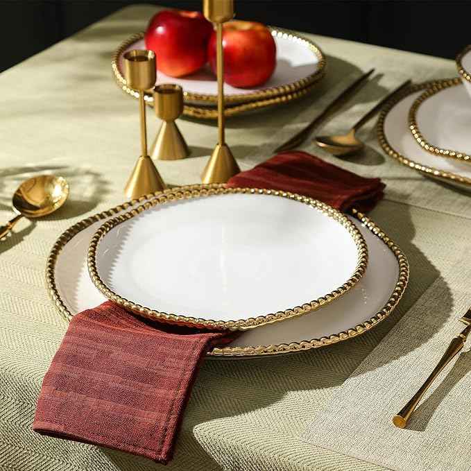 Christian Siriano Akoya Porcelain Dinnerware Set, 12-Piece - Dish Set for 4, Plates and Bowls Set, White and Gold