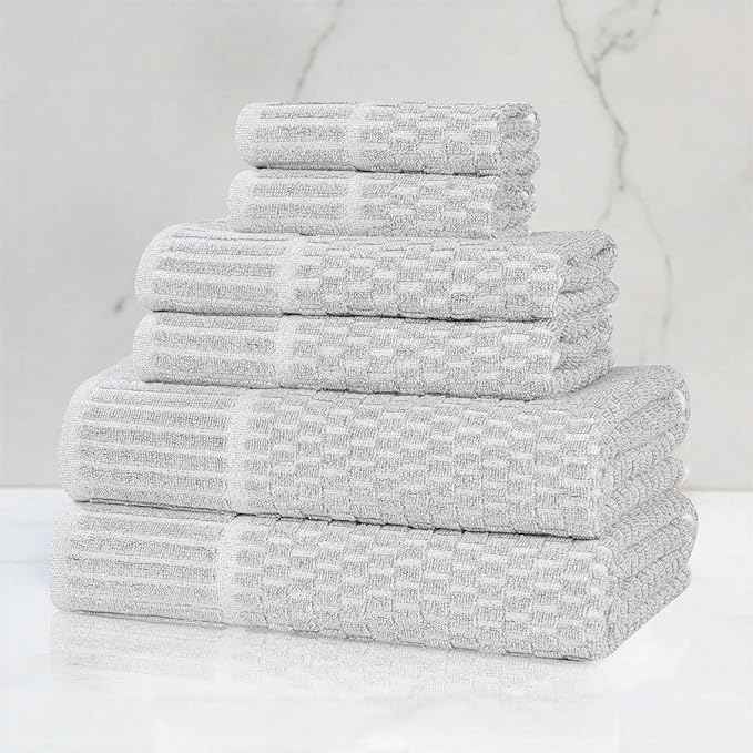 Superior Juno Viscose Cotton Blend Medium Weight Towels, for Bathroom, Shower, Spa, Plush, Quick Dry, Ultra-Soft Towels, Bath Essentials, Border Detail, 6 Piece Assorted Towel Set, Platinum