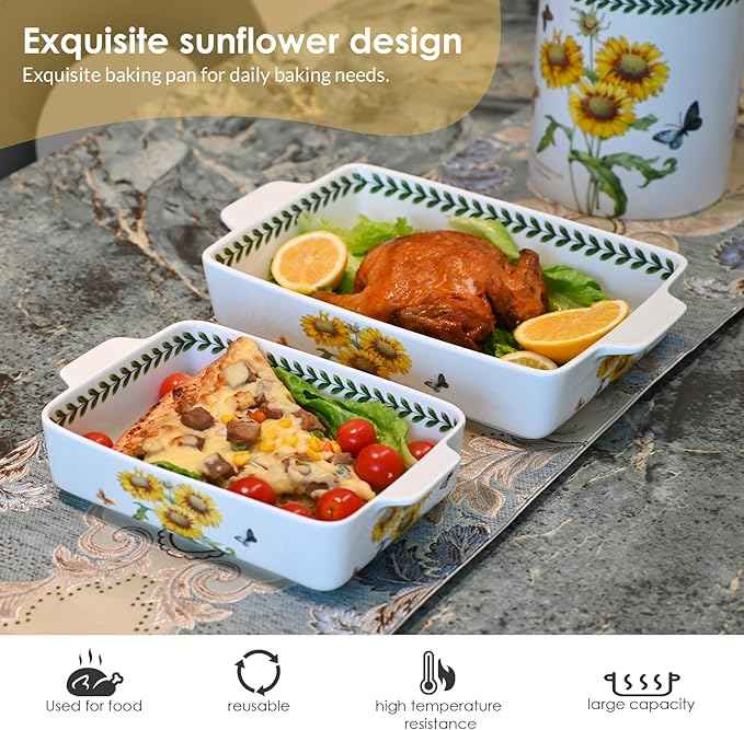 ACMLIFE Ceramic Casserole Dish Set, Ceramic Baking Dish for Oven, Casserole Dish Bakeware Set, Casserole Dishes for Oven, Lasagna Pan, Large Baking Dishes with Handles, Microwave, Dishwasher Safe, Gift Packaging Floral 2 Pcs Set(13"x8"+10.3"x6.3") (Sun...