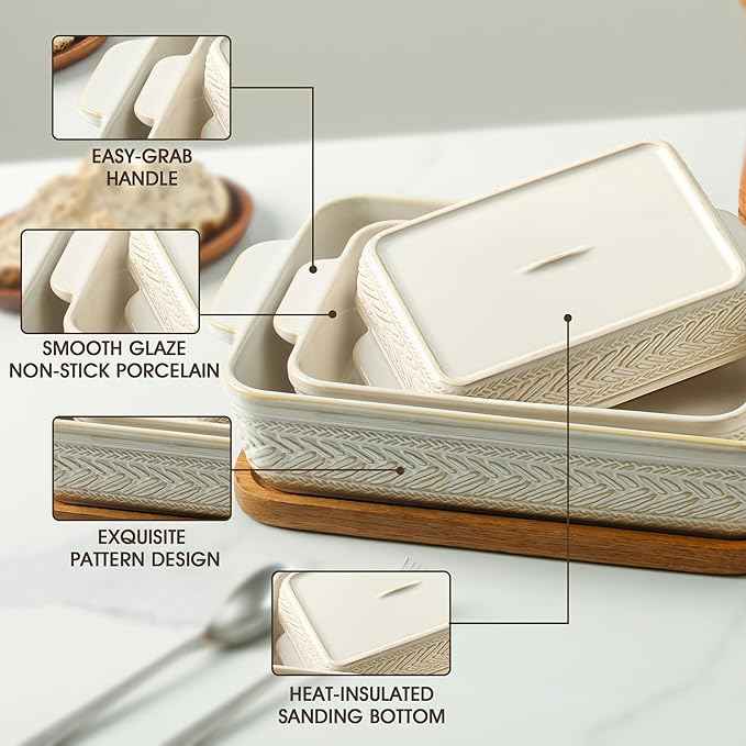 Casserole Dishes for Oven, Ceramic Baking Dishes Set of 3, Rectangular Lasagna Pans Casserole Dish Set for Baking, Cooking, Kitchen, Cake Dinner, Banquet (15.4''/12.3''/9.8'')