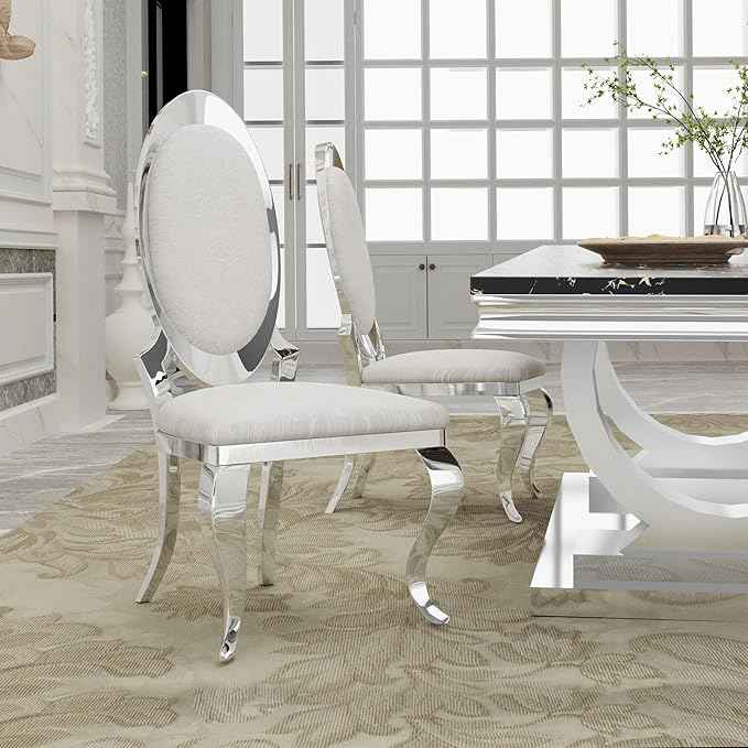 Modern Dining Chairs Set of 2, Luxury Faux Leather Upholstered Armless Dining Room Chair with Mirrored Stainless Steel Silver Legs, Mid Century Accent for Wedding Party Banquet Reception, White