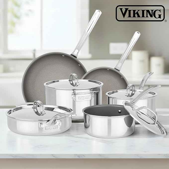 Viking PureGlide Pro 3-Ply Nonstick Cookware Set, Made without PFAS, 10-Piece Induction Pots and Pans Set, Metal Utensil Safe Titanium Nonstick Surface, Oven Safe to 600F