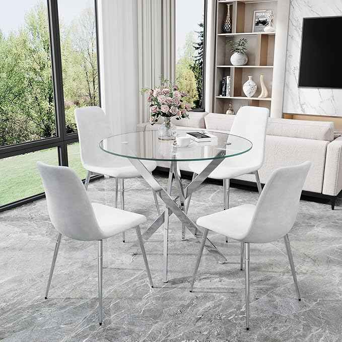 AF ARTISAN FURNITURE 36" Round Glass Dining Table Set for 4, 5-Piece Modern Kitchen Table with 4 White Velvet Chairs, Modern Circle Leisure Table for Home Office Dining Room Small Spaces (Silver Leg)