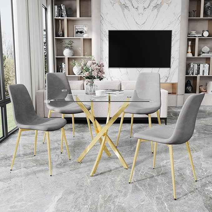AF ARTISAN FURNITURE 36" Square Glass Dining Table Set for 4, 5-Piece Modern Kitchen Table with 4 Grey Velvet Chairs, Modern Circle Leisure Table for Home Office Dining Room Small Spaces (Gold Leg)