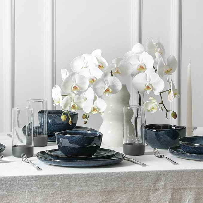 Stone Lain Mirella 16-Piece Dinnerware Set Stoneware, Borosilicate Glass, Blue