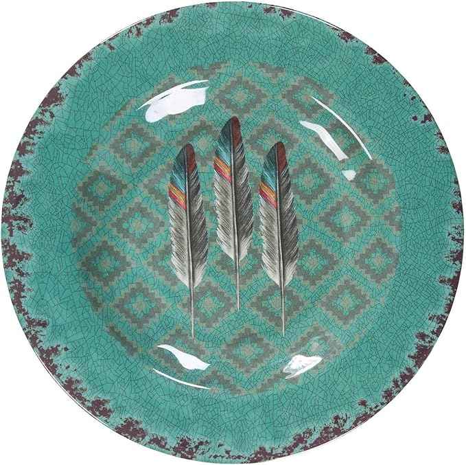 Paseo Road Tossed Feather 14 Piece Melamine Plastic Western Dinnerware Set, Orange Tan Brown Teal Aztec Tribal Print, Southwestern Rustic Dish Set with Plates, Bowls, Serving Dish