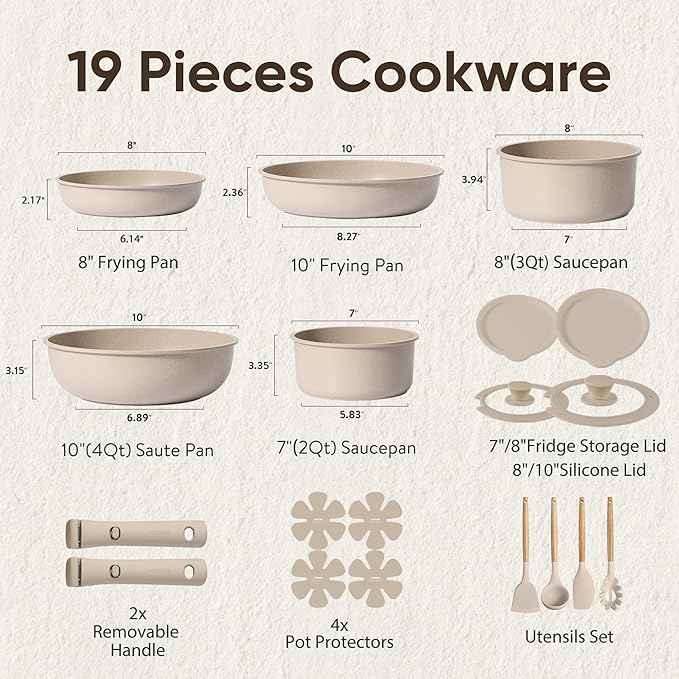 CAROTE 19pcs Pots and Pans Set Non Stick, Nonstick Cookware Set Detachable Handle, Induction Kitchen Cooking Sets with Removable Handle, RV Kitchen, Oven Safe, Taupe