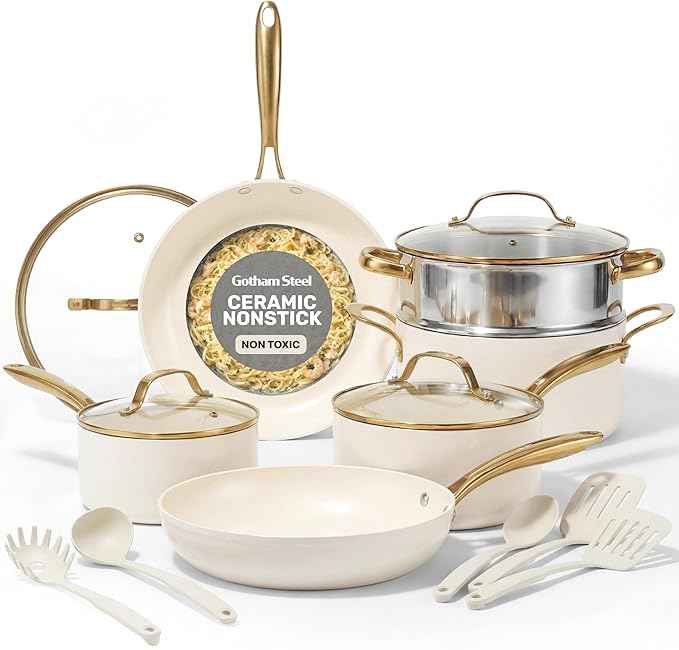 Gotham Steel 15 Pc Ceramic Cookware Set, Ceramic Pots and Pans Set Non Stick with Cooking Utensils and Steamer, Non Toxic PFOA PFOS Free, Premium Gold Stay Cool Handles, Oven & Dishwasher Safe