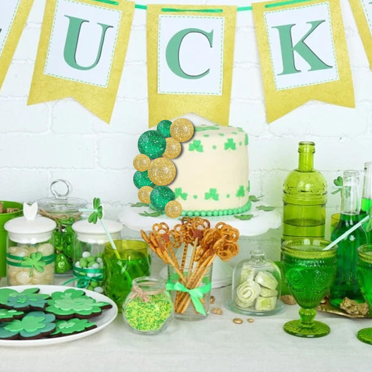 40 Pcs Ball Cake Toppers Mini Balls Cake Decorations Green Gold Foam Balls Sticks DIY Cake Topper for St Patrick's Day Congrats Grade 2026 Graduation Birthday Decorations (40 Count)