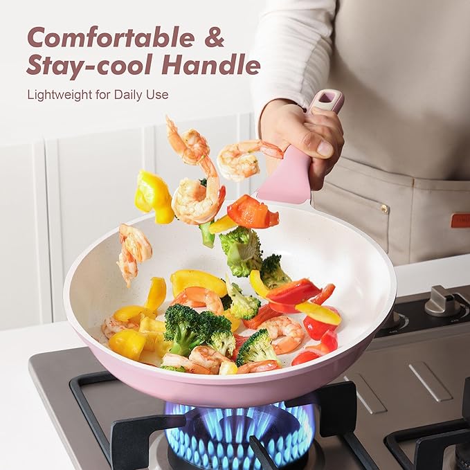 SENSARTE Nonstick Ceramic Frying Pan 9.5-Inch, Healthy Non Toxic Skillet, Induction Compatible Omelet Pan with Heat Resistant Handle, PFAS-Free, Pink