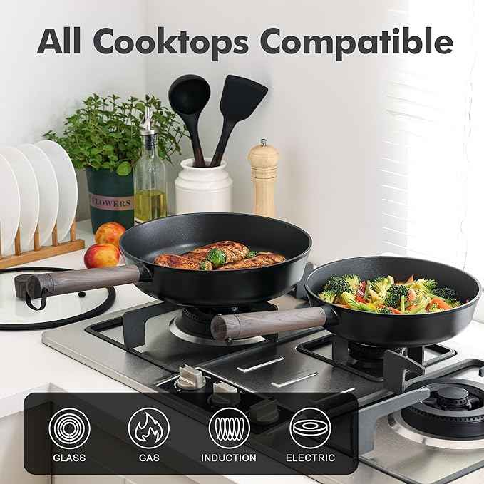 SENSARTE Nonstick Cookware Set Pots and Pans Set Kitchen Non-stick Cooking Set, Dishwasher & Oven Safe, Induction Compatible, Free of Intentionally Added PFOA/PFOS, 15pcs, Black