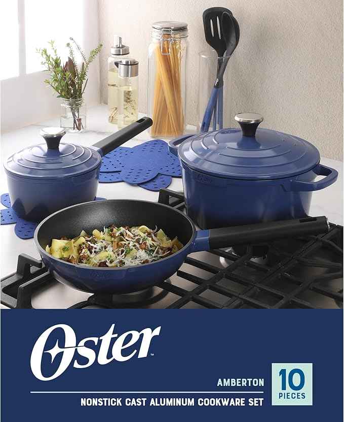Oster Platinum Amberton 10 Piece Cast Aluminum Pots and Pans PFA Free Ceramic Non Stick Cookware Set - Blue