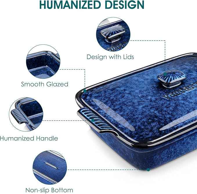 vancasso Starry Casserole Dish With Lid, 3.8 Quart Casserole Dish for Oven, 9x13 Baking Pan with Handles, Large Casserole Baking Dish Lasagna Pan with Lid, Microwave, Dishwasher Safe, Blue