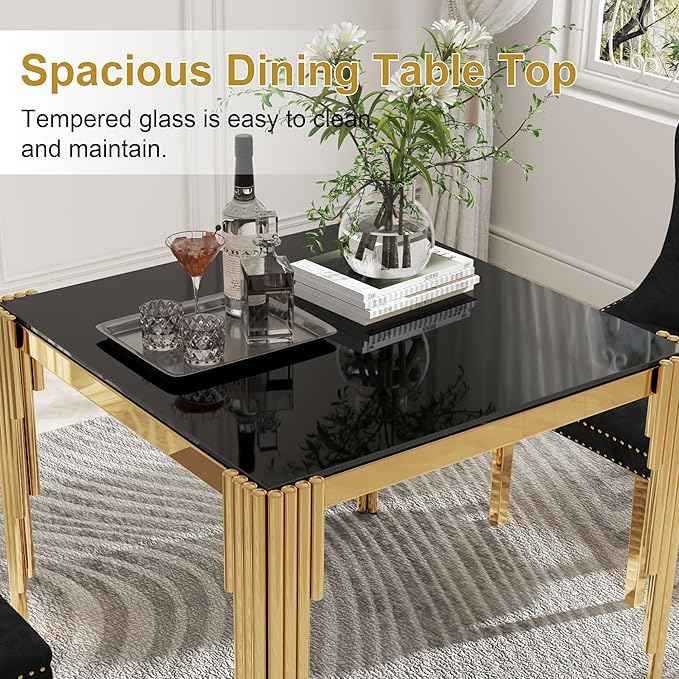 35'' Modern Square Glass Dining Table for 4 People,Black Tempered Glass Top Dining Room Table with Stainless Steel Base, Glass and Gold Dining Table for 4, Rectangle Dining Kitchen Table for Dinner