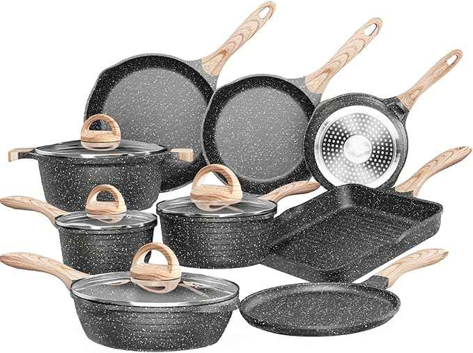 JEETEE Pots and Pans Set Non Stick 23pcs, Healthy Kitchen Cookware Sets, Induction Cooking Set W/Gray Frying Pans, Saucepans, Sauté & Griddle & Crepe Pan (PFOA, PFAS Free)