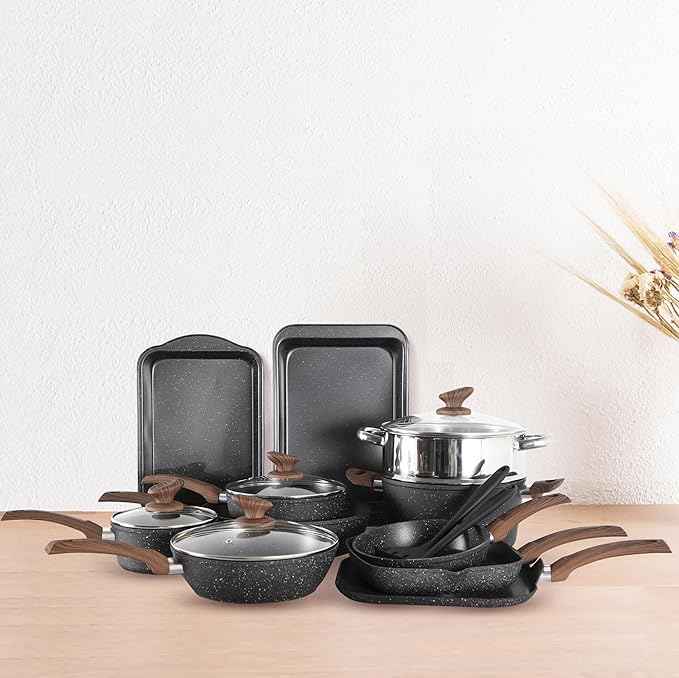 DishDelight 17 Piece Pots and Pans Set Non Stick, Nonstick Induction Granite Kitchen Cookware Set, Non Toxic Cookware Set with Frying Pans and Saucepan, Cooking Sets Pots and Pans, Black