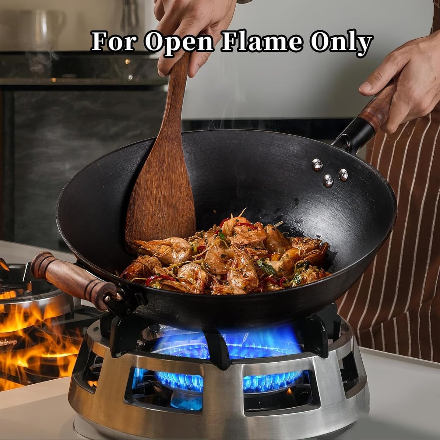 WANGYUANJI 12.6-Inch Cast Iron Chinese Wok with Round Bottom & Glass Lid - Traditional Ancient Wok for Gas Stove and Open Flame Cooking