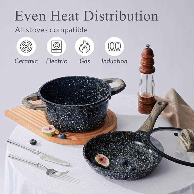 Pots and Pans Set Non Stick Non-Toxic 22 Pcs Ceramic Cookware Sets Nonstick Kitchen Pot&Pan With Lid Black Granite Induction Compatible with Glass Lids Crepe Frying Pan PFOA/PFOS-Free