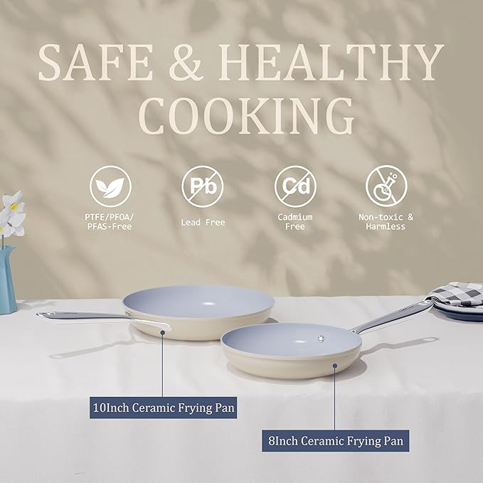 CookinCraze Ceramic Cookware Set, Pots and Pans Set Nonstick with Lid PFAS & PFOA Free, Induction Compatible Oven Safe Up to 500°F Even Heat Distribution, Light Cream