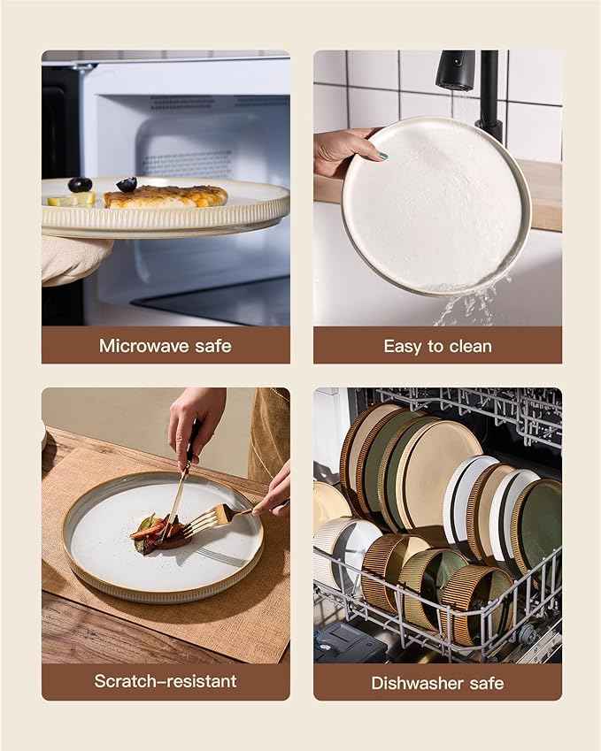 Stoneware Dinnerware Sets, Handcrafted Double Reactive Glaze Plates and Bowls for Everyday & Formal Dining, Microwave & Dishwasher Safe, Scratch Resistant Dishes for 4 (12-Piece), Cappuccino White