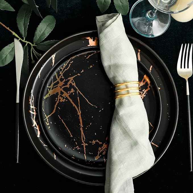 Stone Lain Porcelain 16 Piece Dinnerware set, 4 Full Black Gold Splash Sets