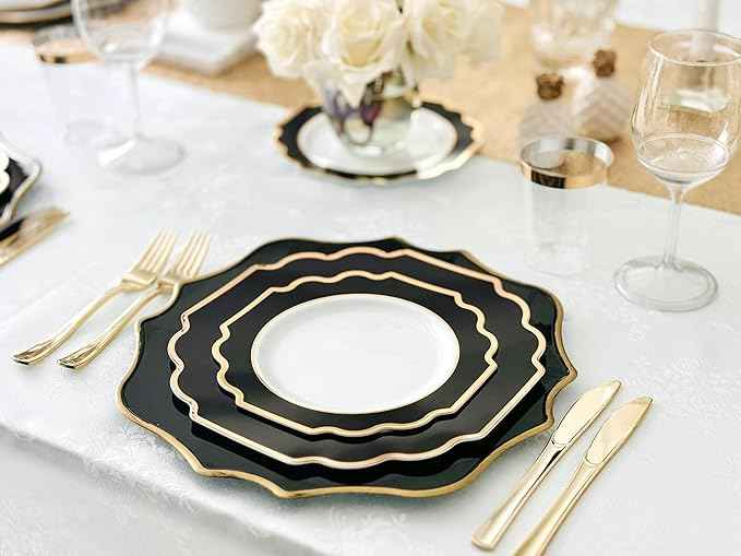 " OCCASIONS " 200 Piece set (25 Guests)-Wedding Plastic Plates & cutlery -Disposable heavyweight Dinnerware 10.5'', 8''+Silverware + Cups + Napkins (Imperial in White & Black & Gold)