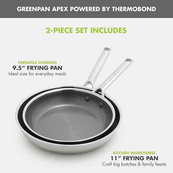 GreenPan Hybrid 9.5” & 11” Nonstick Stainless Steel Frying Pan Set, APEX Tri-Ply Thermobond PFAS-Free Ceramic Skillets, Induction & All Cooktop Compatible, Oven Temp to 850°F, Dishwasher Safe, Silver