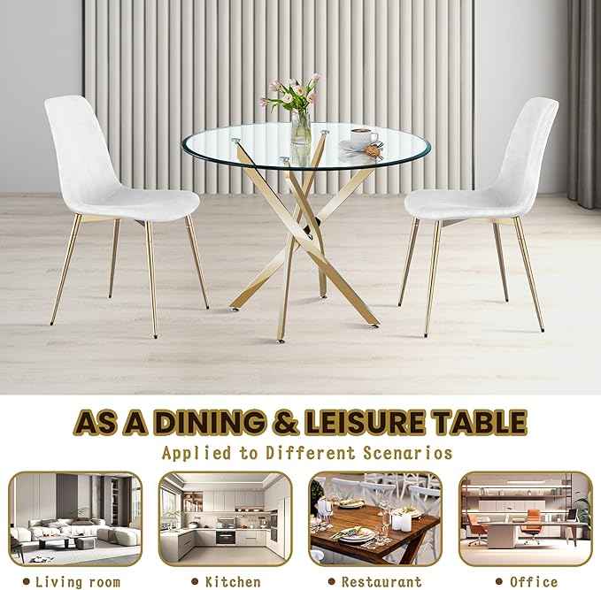 AF ARTISAN FURNITURE 36" Round Glass Dining Table Set for 4, 5-Piece Modern Kitchen Table with 4 Grey Velvet Chairs, Modern Circle Leisure Table for Home Office Dining Room Small Spaces (Gold Leg)