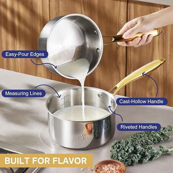 Triple Ply Stainless Steel Pots and Pans Set, EWFEN 12 Piece Induction Cookware Set, Oven Dishwasher Safe | Frying Pans, Saucepans, Saute Pan & Stock Pot, PFOA Free Kitchen Skillet, Gold