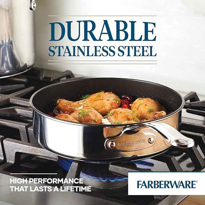 Farberware Millennium Stainless Steel Nonstick Cookware Set, 10-Piece Pot and Pan Set, Stainless Steel