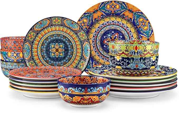 vancasso 18-Piece Dinnerware Sets,Ceramic Plates and Bowls Sets Service for 6, Bohemian Style Porcelain Dishes Set for 6, Microwave and Dishwasher Safe, Scratch Resistant,Non Toxic, Series KRVI