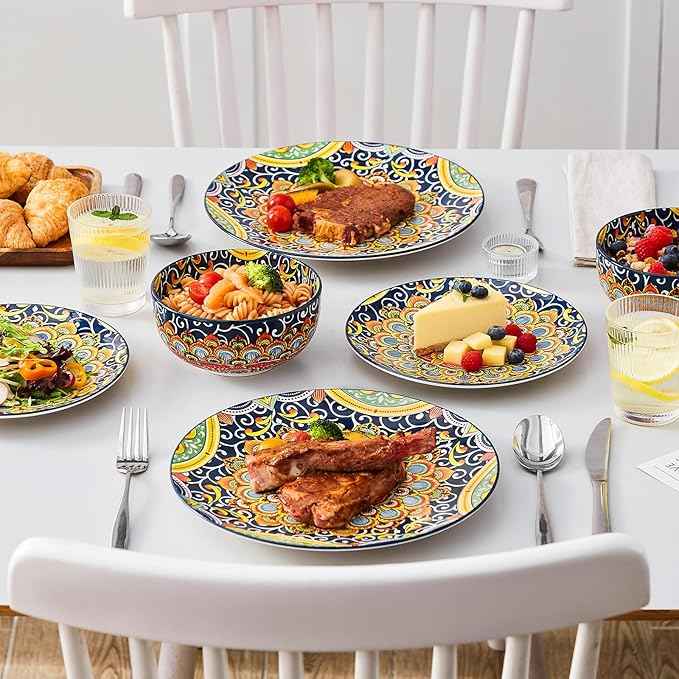 vancasso 12 Pieces Dinnerware Sets, Dark Green Plates and Bowls Set, Porcelain Dishes Set for 4, Microwave and Dishwasher Safe, Scratch Resistant, Bohemian Style Dining Ware Service for 4, Series SIMI