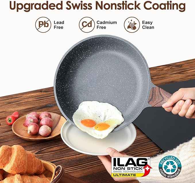 SENSARTE Nonstick Cookware Set 16-Piece, Healthy Pots and Pans Set, Non-stick Kitchen Cooking Set with Stay-Cool Handles, Silicone Utensils and Pot Protectors, PFOA Free