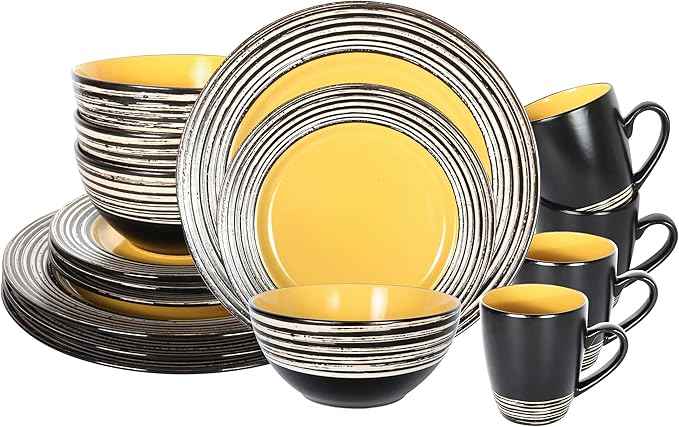16 Piece Dinnerware Set, Ceramic Plates and Bowls Sets for 4, Microwave and Dishwasher Safe, Handcrafted Tree Bark Series Dish Set, Sunflower/Yellow