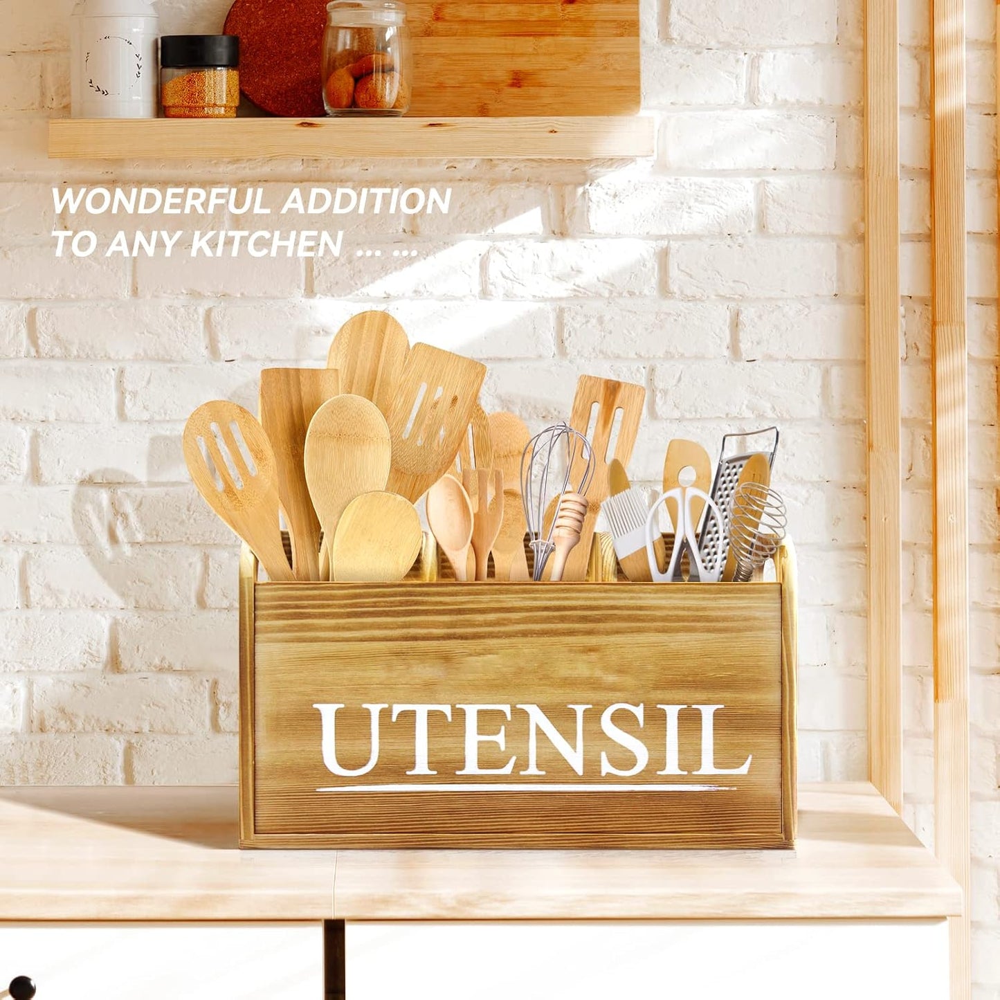 Kitchen Utensil Holder Rustic Large Wooden Utensil Organizer Cooking Tools Storage (Farmhouse Wooden)