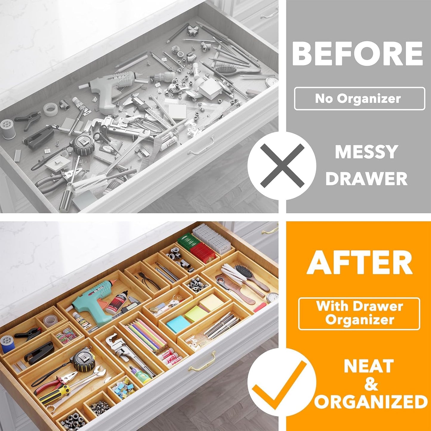 SpaceAid 21-Piece Bamboo Drawer Organizer Storage Boxes Set, Wood Tray Junk Drawer Organizers Multi-Use Divider Bins for Kitchen, Bathroom, Office Desk and Makeup Organization (21 Pack, Natural)