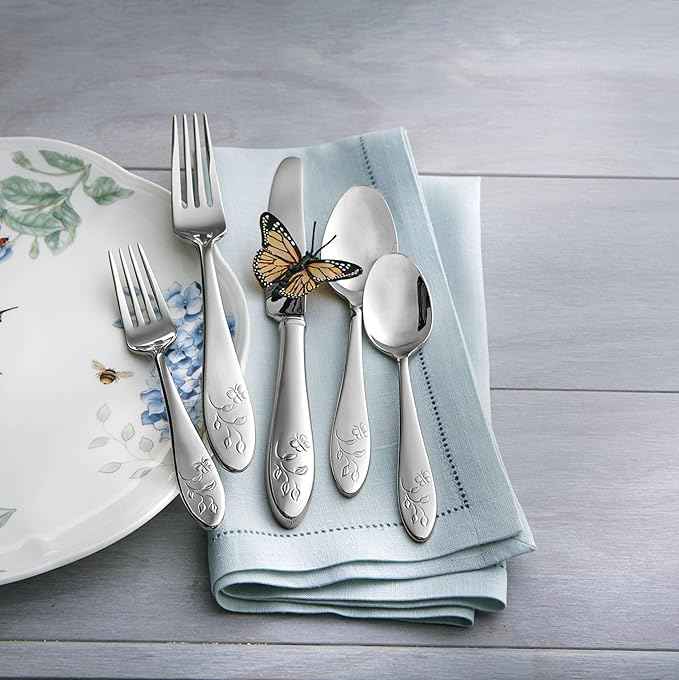 Lenox Silverware Set For 12, Butterfly Meadow 65-Piece Flatware Set, Service For 12, 18/10 Stainless Steel, Dishwasher Safe, Butterfly and Flower Motif, Includes Serving Utensils (Silver, 65 Piece)