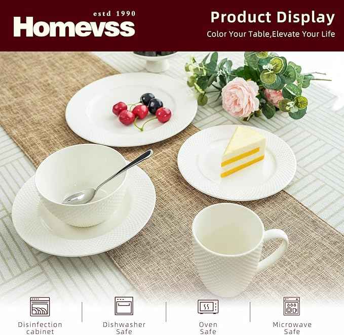 HomeVss, New Bone China Dinnerware Set, Embossed Diamond Design, 18pc Set