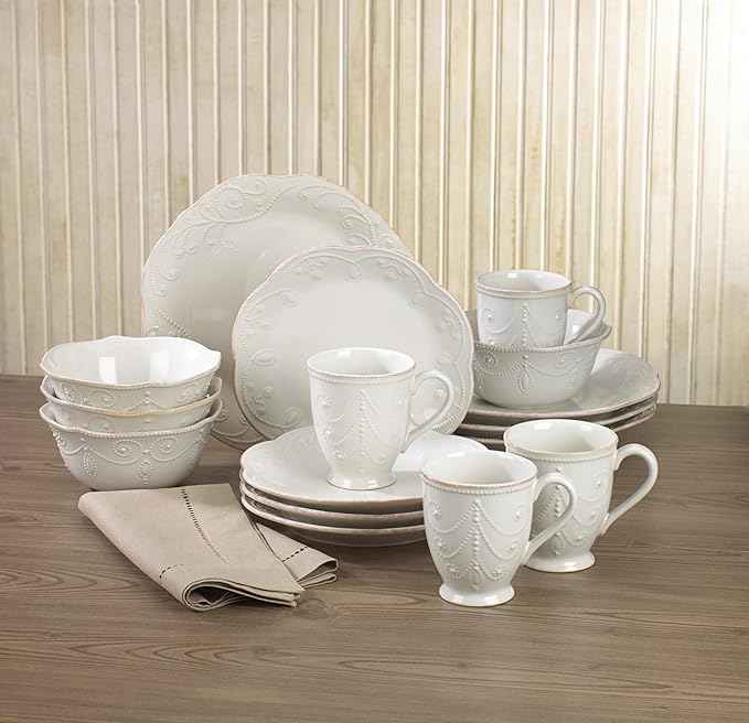 Lenox Dinnerware Set, French Perle White 16-Piece Set, Service For 4, Stoneware Material, Dishwasher Safe, Microwave Safe, Plates, Bowls, Mugs, Plates and Bowls, Dishes (White, 16 Piece)