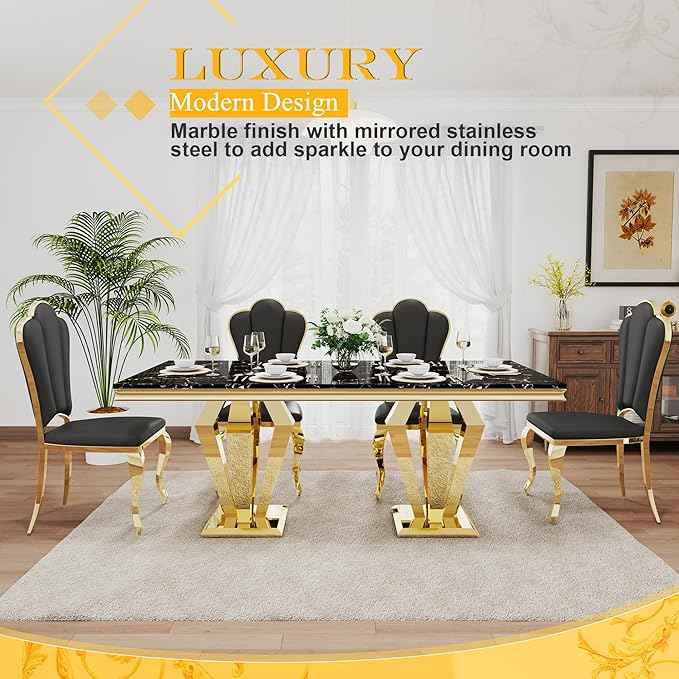 AF ARTISAN FURNITURE 7 Piece Luxury Dining Room Set, Modern Dining Table and Upholstered Chairs Set, Marble Kitchen Table Set for 6, Big Kitchen Dinner Tables Kit with Gold Base