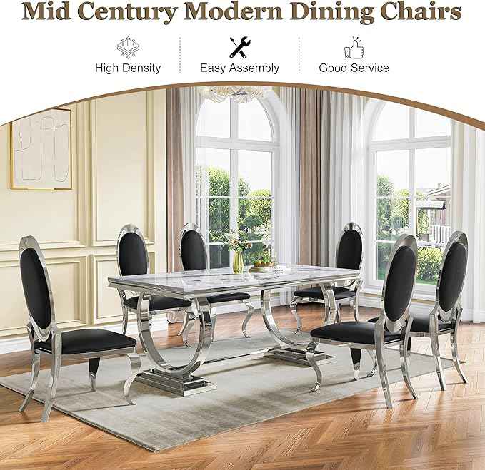 Modern Dining Chairs Set of 2, Luxury Faux Leather Upholstered Armless Dining Room Chair with Mirrored Stainless Steel Silver Legs, Mid Century Accent for Wedding Party Banquet Reception, Black