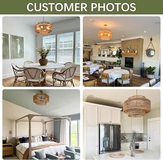 24” Boho Large Rattan Chandelier Light Fixture,6-Light Large Hand Woven Pendant Light Fixture Farmhouse Rustic Chandeliers for Kitchen Bedroom, Dining Room, Living Room, Hallway, Foyer