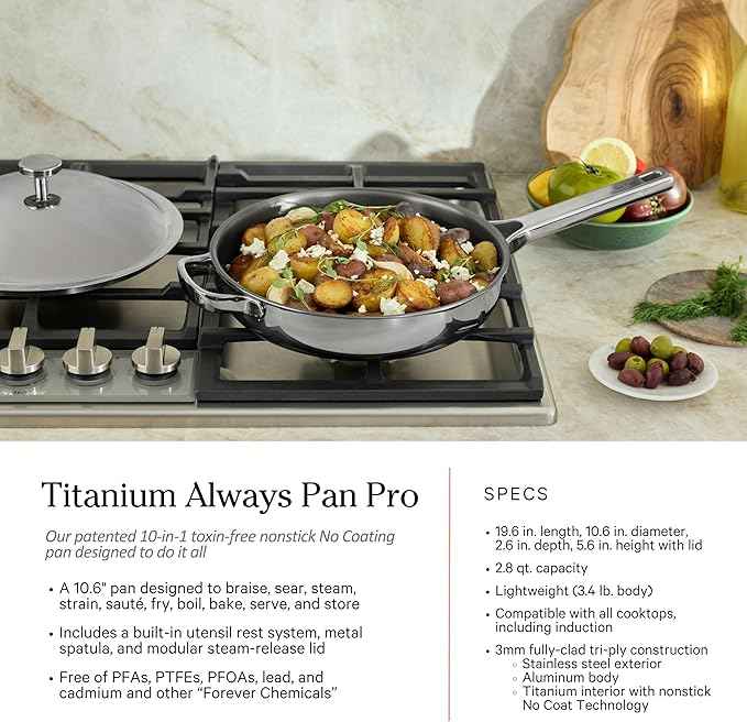 Our Place Titanium Pro Cookware Set | 10-Piece Pots and Pans Set with Always Pan Pro, Perfect Pot Pro & Minis | Non-Toxic No-Coating Nonstick | Induction & Oven-Safe up to 1000°F | Chrome