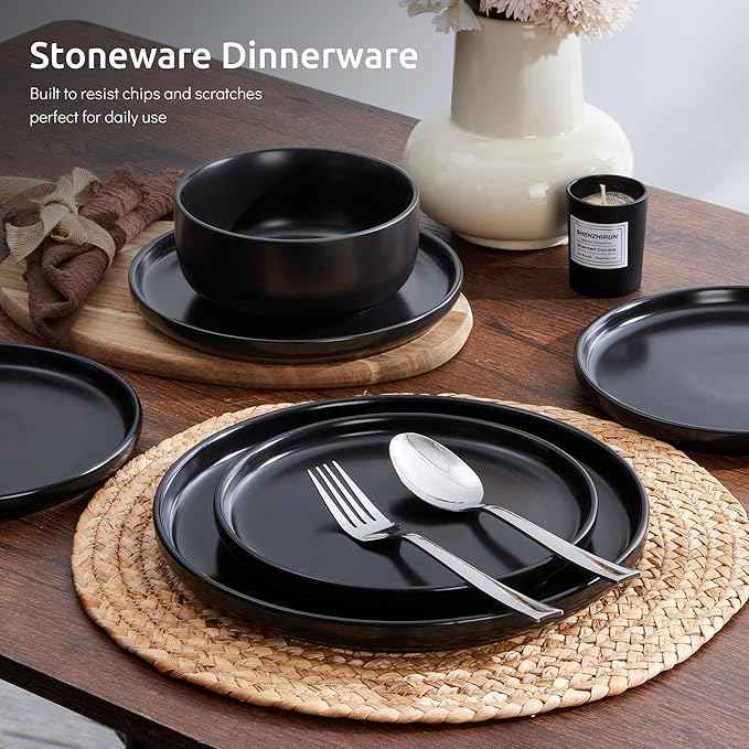 E-far Stoneware Dinnerware Sets for 2, 6-Piece Plates and Bowls Set, Modern Ceramic Dishes Dinning Ware, Microwave & Dishwasher Safe - Matte Black