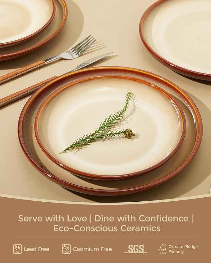 Ceramic Dishes Set for 8, 24 Piece Stoneware Dinnerware Sets, Chip and Scratch Resistant, Easy to Stack & Clean, Modern Rustic Look, Brown Yellow