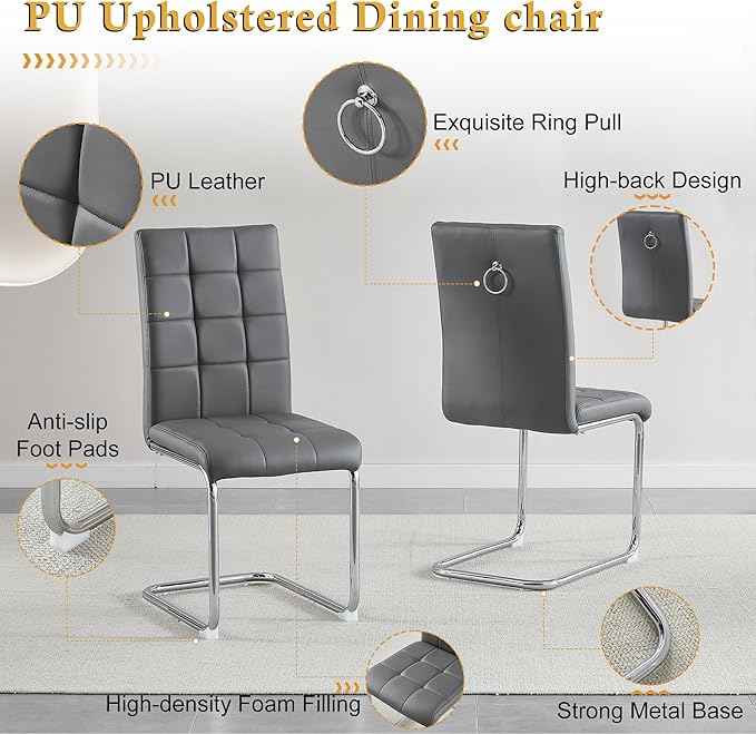 AF ARTISAN FURNITURE 5 Piece Square Glass Dining Table Set, Silver Glass Kitchen Table Set for 4 Modern Table Set with 4 Grey PU Upholstered Dining Chairs, for Small Space, Breakfast Nook